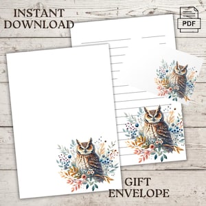 Lettre de sentiments Smart Charming Owl, un ensemble de papeterie, téléchargement immédiat, taille lettre US, 8,5 x 11, enveloppe cadeau, notes, amateurs d'oiseaux