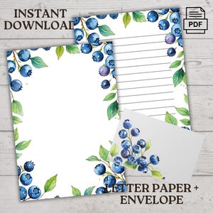 Arándanos azules, papelería para cartas, descarga en tamaño carta de EE. UU. 8,5 x 11, notas para álbum de recortes imprimibles A4, + sobre, papel para escribir
