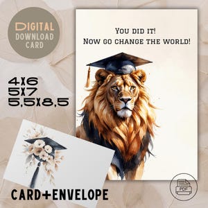 Printable Graduation Card | Wise Lion with Cap  | Motivational Quote | Digital Download | 4x6, 5x7, 5.5x8.5 | Envelope Included, Greetings