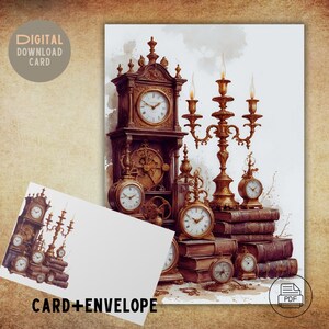 Biglietto d'auguri antico con orologi / Biglietto d'auguri vintage stampabile con busta / Download digitale in PDF / Articoli di cancelleria ispirati al Rinascimento per tutte le occasioni