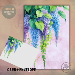 Cartão de Glicínia Violeta | Planta em Aquarela | Cartão de Saudações para Imprimir | Arte Botânica | 4x6, 5x7, 5,5x8,5 | Download Instantâneo | + Envelope