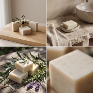 May include: A collection of square, light-colored soap bars. Some are arranged on a wooden cutting board with olive branches, while others are on a stone surface or in a soap dish. The soaps have a natural, minimalist aesthetic.