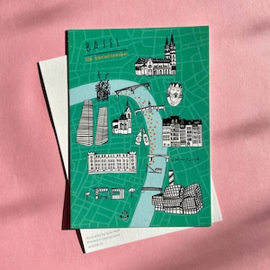 Carte postale de Bâle-Ville / Illustration de baignade dans le Rhin / Vue de la ville / Été en Suisse / Art Basel Suisse / Carte de vœux