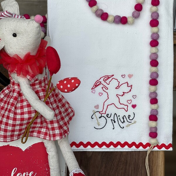 Hand Embroidered Cupid Flour Sack towel,kitchen towel, hand made,valentine gift,towel, cupid, flour sack towel,hand embroidery