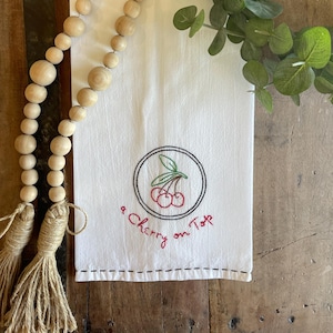 Cherry dish towel, cherry flour sack towel, cherry embroidered towel, cherry hand towel, cherry hand made towel, cherry towel, fruit towel
