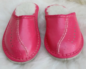 KIDS CHILDREN  GIRLS pink  eco leather warm slippers handmade all sizes