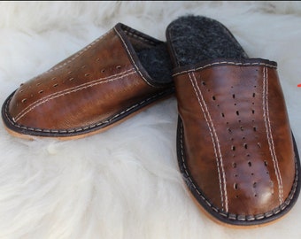 MENS eco LEATHER handmade warm SLIPPERS very comfortable