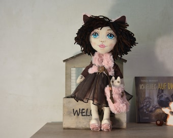 OOAK Handmade Art Doll: Textile Sculpture with Kitten Bag  35 cm