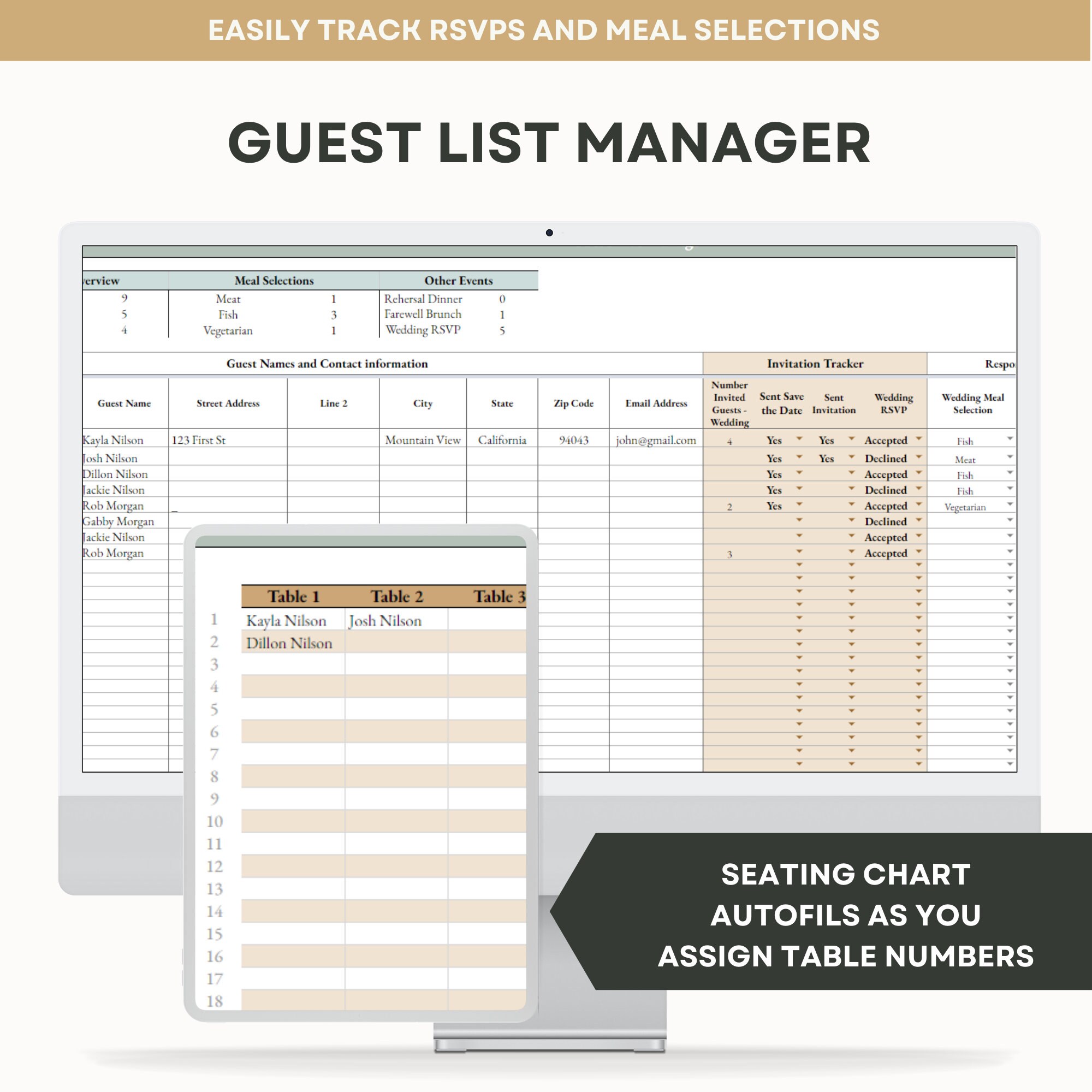 Planner Digital Wedding Seating Chart Wedding Guestlist Tracker Google