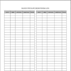 Peut inclure: Un journal de suivi de la pression artérielle imprimable en noir et blanc avec des colonnes pour la date, l'heure, la pression systolique, la pression diastolique et le pouls. Le journal est divisé en deux sections.