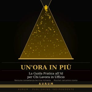 Könnte beinhalten: Grafik mit schwarzem Hintergrund und goldener Dreiecksform. Der Text "UN'ORA IN PIÙ" steht oben, gefolgt von italienischem Text. Der untere Teil der Grafik enthält den Text "AURUM - PUBLISHING INDIPENDENTE".