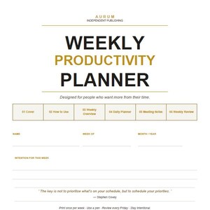 以下が含まれることがあります： 「WEEKLY PRODUCTIVITY PLANNER」と書かれた金色の文字が入った白い週間生産性プランナー。プランナーには、毎日の計画、会議のメモ、週ごとのレビューのセクションが含まれています。「Designed for people who want more from their time」というテキストも含まれています。