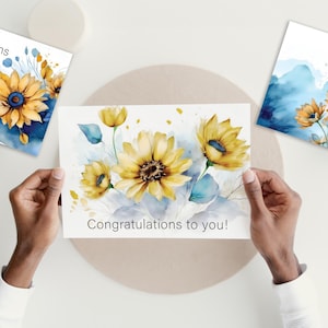 Cartes de FÉLICITATIONS, LOT de 3, TOURNESOLS aquarelles, design élégant, convient pour toutes les occasions, carte de félicitations, cartes de voeux imprimables
