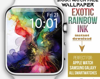Apple Watch Wallpaper, rainbow watercolor aesthetic wallpaper, gold watercolor Watch face, colourful abstract wave Smartwatch Background