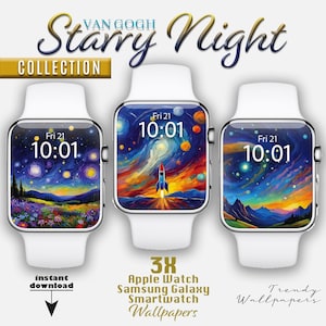 May include: Three white smartwatches with screens displaying colorful "Starry Night" themed artwork. The screens show a starry night sky, a rocket ship, and a landscape. Text includes "Van Gogh Starry Night Collection" and "3x Apple Watch Samsung Galaxy Smartwatch Wallpapers."