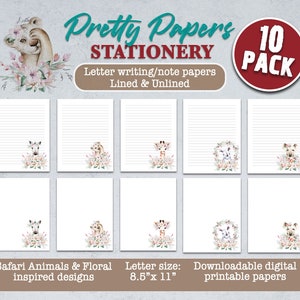Writing Paper, SAFARI ANIMAL, Paper Bundle Animal Printable Stationery Note paper watercolour Kawii animals lined, unlined - kids journaling