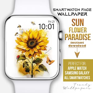 May include: A smartwatch face design featuring a watercolor illustration of a sunflower with a ladybug and a butterfly. The text "SUN FLOWER PARADISE" is displayed above the image, with the words "instant download" below. The text "Fri 21 10:01" is displayed on the smartwatch face.