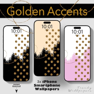 Sfondo per iPhone, set di 3, sfondo astratto per smartphone, sfondo per telefono con accenti dorati, sfondo per telefono di lusso, riflessi glitterati dorati