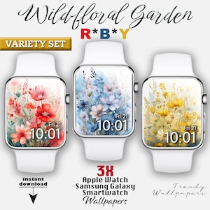 Quadrante Apple Watch, set di 3 sfondi colorati per orologi con motivi floreali pastello, quadrante Wildflower, quadrante Samsung Galaxy Watch, primavera botanica Boho
