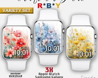 Esfera de Apple Watch, conjunto de 3 fondos de pantalla florales pastel coloridos para reloj, esfera de reloj de flores silvestres, esfera de reloj de Samsung Galaxy, primavera botánica bohemia