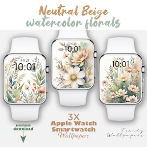 Apple Watch Wallpaper, neutrale beige florale ästhetische Tapeten, Blumen Apple Watch-Gesicht, Smartwatch Hintergrund, Aquarell botanische Uhr