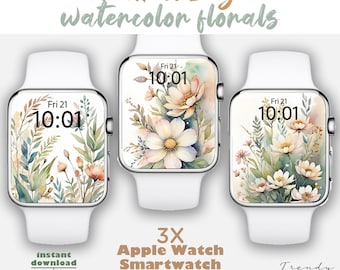3 Hochzeit Blumen Apple Watch Wallpaper, neutrale beige Blumenästhetik, Blumen Apple Watch-Gesicht, Smartwatch Hintergrund, Aquarell botanische