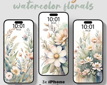 May include: Three iPhone wallpapers featuring watercolor floral designs in shades of beige and white. The designs feature delicate flowers and leaves, with a subtle watercolor effect. The time and date are displayed on each wallpaper, reading "10:01 Fri 21".