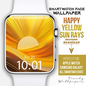 May include: A smartwatch face wallpaper with a yellow sun rays design. The wallpaper features a yellow and orange sunset over a wavy landscape. The time is displayed as 10:01 and the day is Fri 21. The text "SMARTWATCH FACE WALLPAPER" is displayed at the top of the image. The text "HAPPY YELLOW SUN RAYS" is displayed below the image. The text "instant download" is displayed below the text "HAPPY YELLOW SUN RAYS". The text "PERFECT FOR: APPLE WATCH SAMSUNG GALAXY ALL SMARTWATCHES" is displayed below the text "instant download". The text "Trendy Wallpapers" is displayed at the bottom of the image.