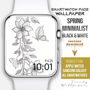 Apple Watch face, Butterfly Floral watch wallpaper, Minimalist butterfly smartwatch face, botanical Watch Face, black and white, spring