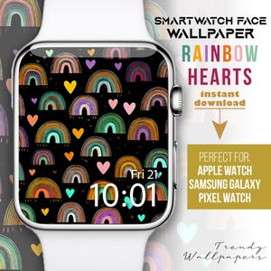 Könnte beinhalten: Eine Smartwatch-Zifferblatt-Tapete mit schwarzem Hintergrund und einem Muster aus bunten Regenbögen und Herzen. Die Uhrzeit wird als 10:01 mit dem Datum Fr 21 angezeigt. Der Text "RAINBOW HEARTS" wird über dem Zifferblatt angezeigt.
