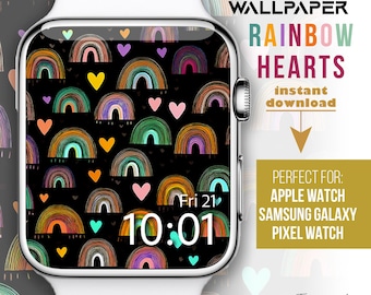 Cadran Apple Watch, papier peint montre, papiers peints smartwatch, cadran arc-en-ciel, fond de montre arc-en-ciel et coeur, motif arc-en-ciel bohème