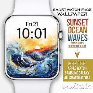 Quadrante Apple Watch, sfondo per smartwatch con onde dell'oceano, sfondo per orologio con tramonto sulla spiaggia, quadrante Samsung Galaxy Watch, tramonto sull'oceano, vibrazioni estive