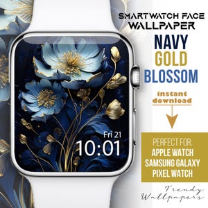 Quadrante Apple Watch, sfondo per orologio floreale blu navy 3D, quadrante per smartwatch con pittura di fiori selvatici, quadrante botanico, quadrante con fiori primaverili