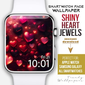 以下が含まれることがあります： 暗い背景に輝く赤いハートのデザインが施されたスマートウォッチの文字盤用壁紙。時間は10:01、日付は金曜日21日。文字盤の上には「SHINY HEART JEWELS」の文字が表示されています。文字盤の下には「即時ダウンロード」の文字が表示されています。文字盤の下には「PERFECT FOR: APPLE WATCH SAMSUNG GALAXY ALL SMARTWATCHES」の文字が表示されています。文字盤の下には「Trendy Wallpapers」の文字が表示されています。
