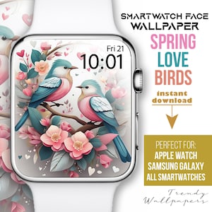 Quadrante Apple Watch, Sfondi Smartwatch, Uccello, Sfondo floreale per orologio con uccelli innamorati, Quadrante albero primaverile, Quadrante fiore di campo rosa pastello