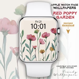 Quadrante Apple Watch, sfondi smartwatch, sfondo Botanical Watch, quadrante Samsung Galaxy Watch, quadrante fiore di papavero rosso, arte acquerello