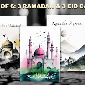 Cartão Ramadan Mubarak, cartão Eid, cartão Ramadan, cartão de felicitações Eid Mubarak para impressão, conjunto de 6 cartões Ramadan e Eid, aquarela de mesquita neutra