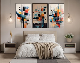 Juego de 3 impresiones de arte abstracto para pared, póster minimalista geométrico moderno, decoración de pared de oficina contemporánea grande, juego de arte de pared de galería