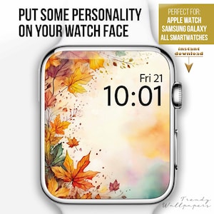 May include: A smartwatch face with a fall-themed design. The watch face displays the time as 10:01 and the date as Fri 21. The design features colorful autumn leaves in shades of orange, red, and yellow. Text on the image reads "PUT SOME PERSONALITY ON YOUR WATCH FACE."