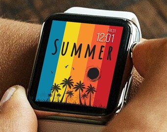 Quadrante estivo per Apple Watch, accessori per Apple Watch, sfondo luminoso estivo per Apple Watch, sfondo per smartwatch con atmosfera estiva, palme sulla spiaggia, tramonto