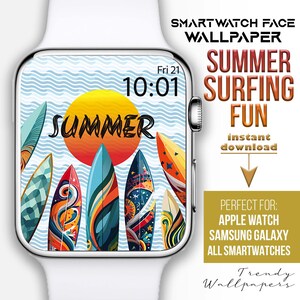 Quadrante dell'orologio, accessori per Apple Watch, quadrante estivo, sfondo estivo per orologio, quadrante con tavola da surf, sfondo per smartwatch, surf estivo