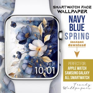 Quadrante Apple Watch, sfondo floreale blu navy, quadrante smartwatch con pittura di fiori selvatici, quadrante botanico, quadrante fiore primaverile