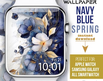 Apple Watch Gesicht, Marine Blau Floral Uhr Tapete, Wildblumen Malerei, Smartwatch Gesicht, botanische Uhr Gesicht, Frühlingsblume Uhr Gesicht