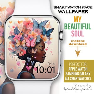 Quadrante Apple Watch, orgogliosa donna nera, sfondo per orologio con farfalla floreale, quadrante per smartwatch con fiori pastello, quadrante botanico, quadrante primaverile