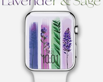 Lawendowo-szałwiowa boho kwiatowa tarcza zegarka Apple Watch, tapeta na smartwatch, botaniczne tło zegarka, Samsung Galaxy Watch, minimalistyczny pastelowy