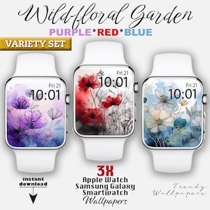 Quadrante Apple Watch, set di 3 sfondi colorati per orologi con motivi floreali pastello, quadrante Wildflower, quadrante Samsung Galaxy Watch, primavera botanica Boho
