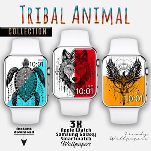 May include: Three white smartwatches with tribal animal designs. One features a turtle, another a wolf, and the third a phoenix. The text "TRIBAL ANIMAL COLLECTION" is at the top, with "3X Apple Watch Samsung Galaxy Smartwatch Wallpapers" at the bottom.
