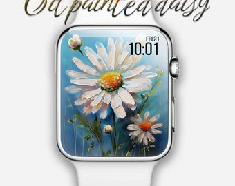 Esfera de Apple Watch con flores de margarita, fondo de pantalla para reloj inteligente, fondo botánico para reloj, esfera de Samsung Galaxy Watch, pintura al óleo minimalista floral