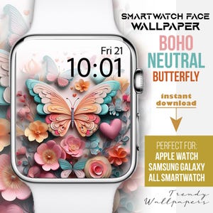Quadrante Apple Watch, sfondo per orologio 3D Butterfly Floral, quadrante smartwatch con fiori pastello, quadrante botanico, quadrante primavera, cuore