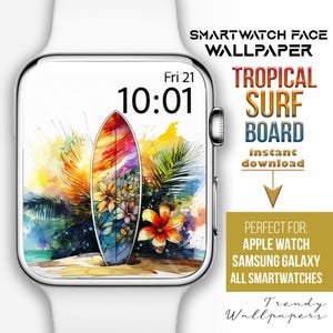 Quadrante dell'orologio, accessori per Apple Watch, quadrante estivo, sfondo per orologio con vibrazioni estive, quadrante con tavola da surf, sfondo per smartwatch, estate